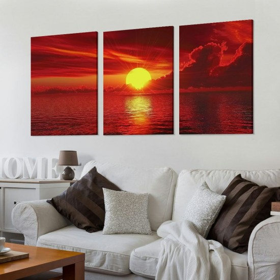 Shangniulu Red Sun Modern Seascape Sea Giclee Paintings Canvas Wall Art Red Ocean Wall Decor Sunset Pictures Artwork for Walls Living Room Bedroom Decor Office Home Decoration