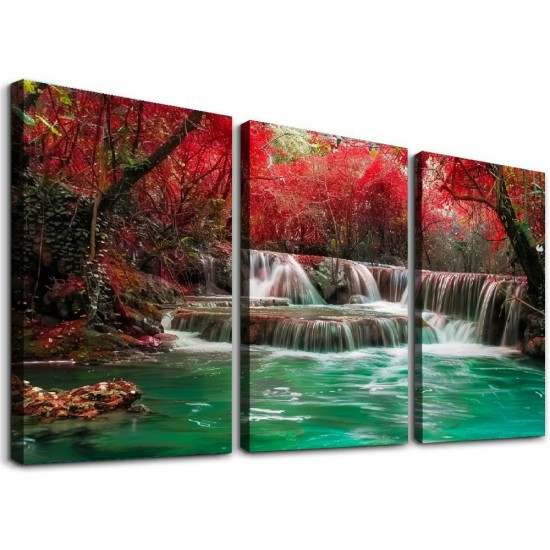 Shangniulu Waterfall Landscape Painting Framed Red Trees Forest Canvas Falls Picture Artwork for Bedroom Living Room Office Kitchen Home Decor Ready to Hang