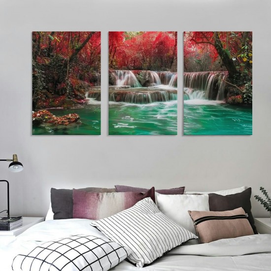 Shangniulu Waterfall Landscape Painting Framed Red Trees Forest Canvas Falls Picture Artwork for Bedroom Living Room Office Kitchen Home Decor Ready to Hang