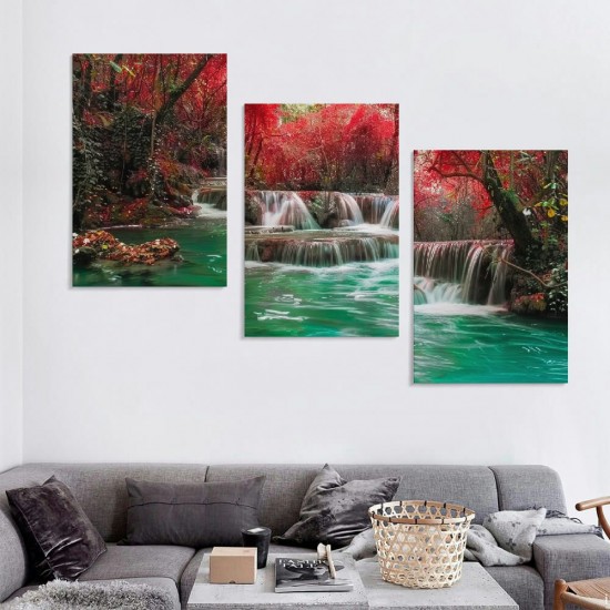 Shangniulu Waterfall Landscape Painting Framed Red Trees Forest Canvas Falls Picture Artwork for Bedroom Living Room Office Kitchen Home Decor Ready to Hang