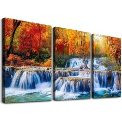 Shangniulu Wall Art Decor Canvas Print Picture Waterfall River Forest Painting Autumn Artwork for Office Home Wall Decor Stretched and Framed Ready to Hang