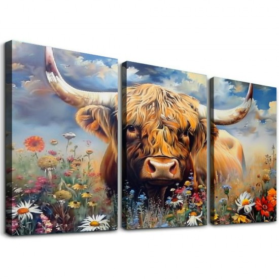 Shangniulu Highland Cow Wall Art Cow Pictures Wall Decor Farmhouse Theme Canvas Painting Rustic Art Print for Living Room Modern Western Artwork for Bedroom Home Office Decorations