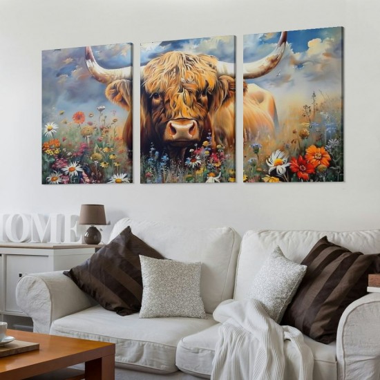 Shangniulu Highland Cow Wall Art Cow Pictures Wall Decor Farmhouse Theme Canvas Painting Rustic Art Print for Living Room Modern Western Artwork for Bedroom Home Office Decorations