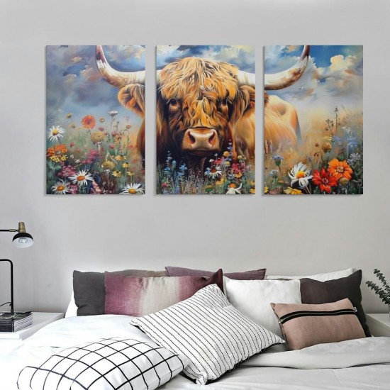 Shangniulu Highland Cow Wall Art Cow Pictures Wall Decor Farmhouse Theme Canvas Painting Rustic Art Print for Living Room Modern Western Artwork for Bedroom Home Office Decorations