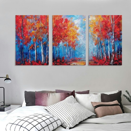 Shangniulu Abstract Fall Forest Wall Art, Nature Landscape Wall Art, Wine Red Forest Landscape Art Painting, Fall Forest Art Wall Pictures for Living Room Decor