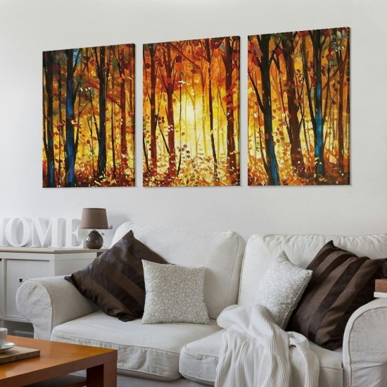 Shangniulu Abstract Fall Forest Wall Art, Nature Landscape Wall Art, Gold Yellow Forest Landscape Art Painting, Fall Forest Art Wall Pictures for Living Room Decor