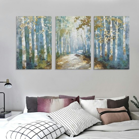 Shangniulu  Forest Canvas Art, White and Blue Wall Art Autumn Landscape Picture Print for Wall Decoration, White Birch Tree Artwork Home Office Framed Decor Ready to Hang