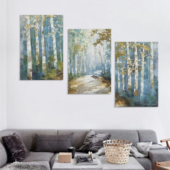 Shangniulu  Forest Canvas Art, White and Blue Wall Art Autumn Landscape Picture Print for Wall Decoration, White Birch Tree Artwork Home Office Framed Decor Ready to Hang