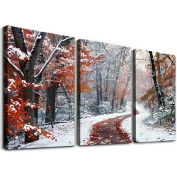 Shangniulu Modern Winter Forest Wall Art, Nature Landscape Wall Art, Wine Red Maple Leaves Landscape Art Painting, Winter Forest Art Wall Pictures for Living Room Decor