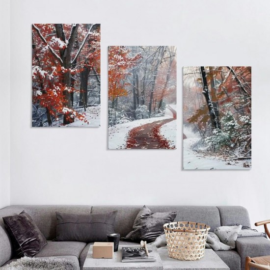 Shangniulu Modern Winter Forest Wall Art, Nature Landscape Wall Art, Wine Red Maple Leaves Landscape Art Painting, Winter Forest Art Wall Pictures for Living Room Decor