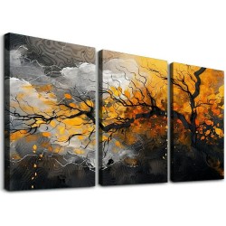 Shangniulu Set of 3 Abstract Canvas Wall Art Hanging Pictures - Office Wall Decor - Hangable Yellow Picture Wall Decor