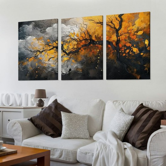 Shangniulu Set of 3 Abstract Canvas Wall Art Hanging Pictures - Office Wall Decor - Hangable Yellow Picture Wall Decor