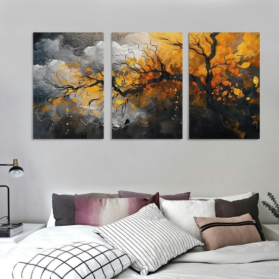 Shangniulu Set of 3 Abstract Canvas Wall Art Hanging Pictures - Office Wall Decor - Hangable Yellow Picture Wall Decor