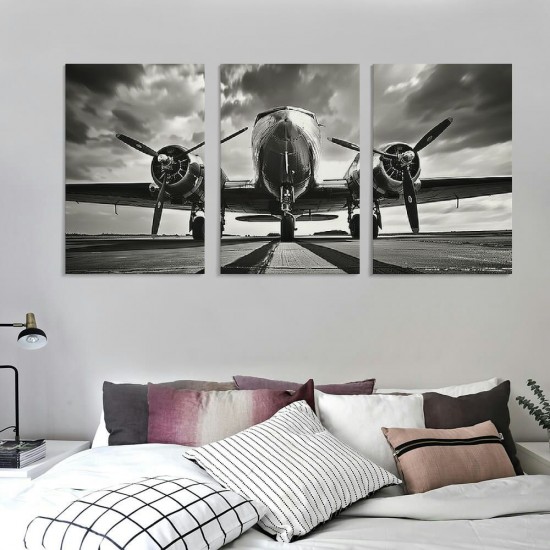 Shangniulu Black and White Wall Art Large Turbine Fighter Aircraft on a Runway Antique Airplane Pictures Print on Canvas Modern Home Decor Framed for Office Ready to Hang