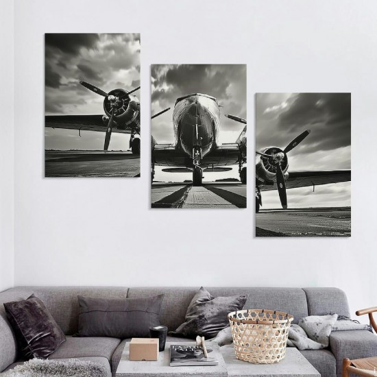 Shangniulu Black and White Wall Art Large Turbine Fighter Aircraft on a Runway Antique Airplane Pictures Print on Canvas Modern Home Decor Framed for Office Ready to Hang