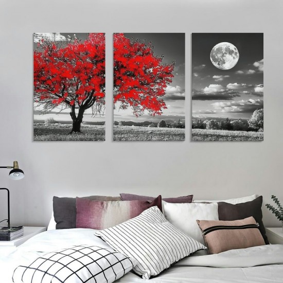 Shangniulu Living Room Office Wall Decor Bedroom Decor Black And White Landscape Wall Painting Red Tree Scenery Pictures Canvas Prints Ready To Hang For Room Home Decoration