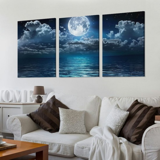 Shangniulu Wall Art Moon Sea Ocean Landscape Picture Canvas Wall Art Print Paintings Modern Artwork for Living Room Wall Decor and Home Décor Framed Ready to Hang