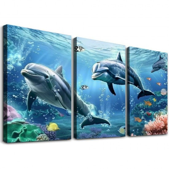 Shangniulu Living room wall decoration canvas wall art bedroom wall decoration artwork ocean theme dolphin mural undersea scenery picture stretched and framed modern home decoration