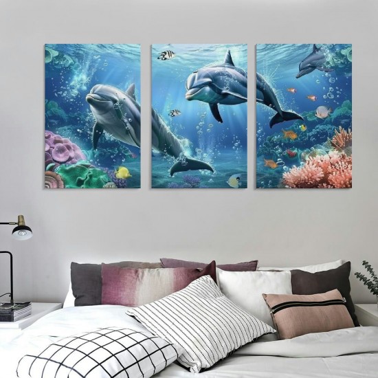 Shangniulu Living room wall decoration canvas wall art bedroom wall decoration artwork ocean theme dolphin mural undersea scenery picture stretched and framed modern home decoration